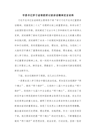 市委书记学习省部级研讨班讲话精神发言材料