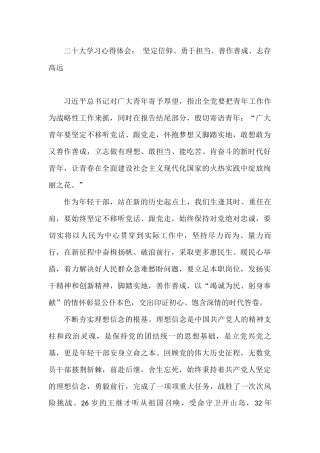 二十大学习心得体会： 坚定信仰、勇于担当、善作善成、志存高远