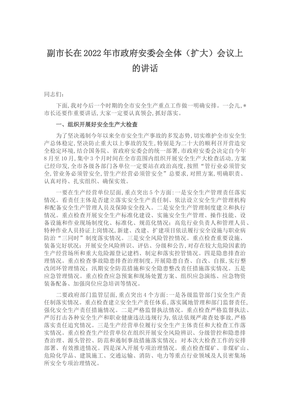 副市长在2022年市政府安委会全体（扩大）会议上的讲话_第1页