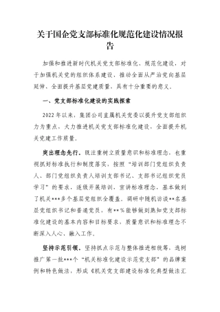 关于国企党支部标准化规范化建设情况报告
