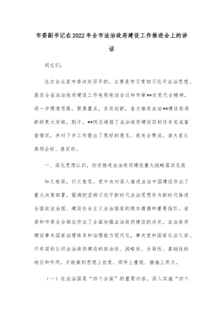 市委副书记在2022年全市法治政府建设工作推进会上的讲话