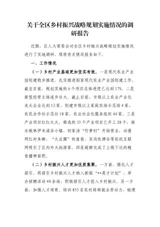 关于全区乡村振兴战略规划实施情况的调研报告
