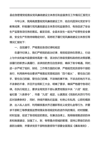 县应急管理党组落实党风廉政建设主体责任和监督责任工作情况