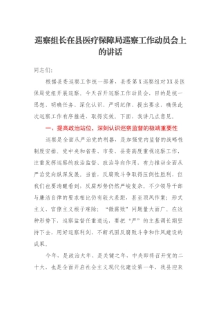 巡察组长在县医疗保障局巡察工作动员会上的讲话
