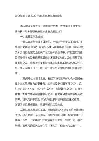 国企党委书记2022年度述职述廉述效报告