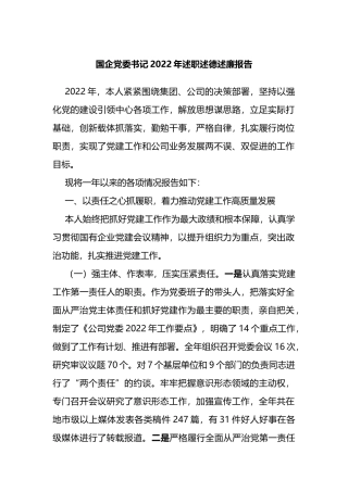 国企党委书记2022年述职述德述廉报告