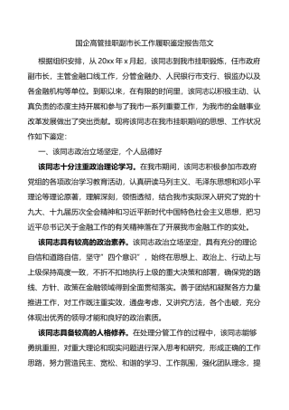 国企高管挂职副市长工作履职鉴定报告