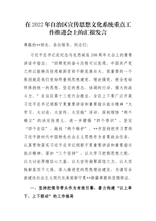 在2022年自治区宣传思想文化系统重点工作推进会上的汇报发言