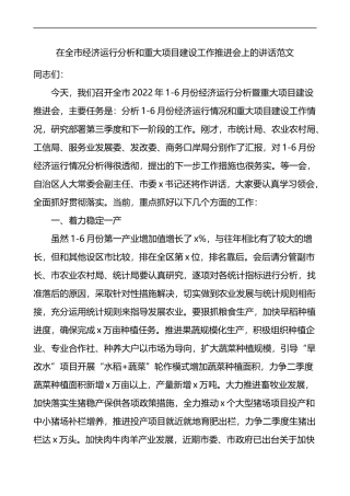在全市经济运行分析和重大项目建设工作推进会上的讲话