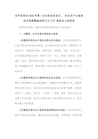 在市安委会2022年第二次全体成员会议、 安全生产大检查动员部署暨森林防灭火工作 推进会上的讲话