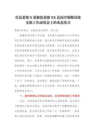 在县委第X巡察组巡察XX县医疗保障局党支部工作动员会上的表态发言