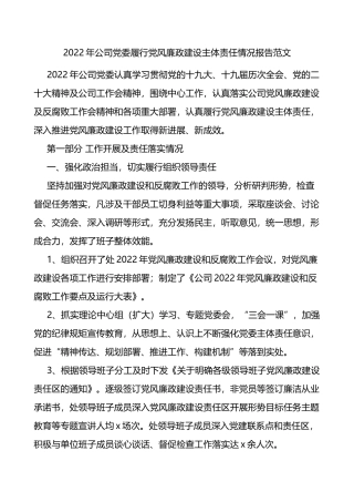2022年公司党委履行党风廉政建设主体责任情况报告范文含问题和下步计划安排