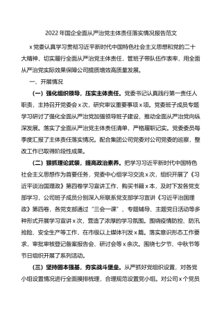 2022年国企全面从严治党主体责任落实情况报告