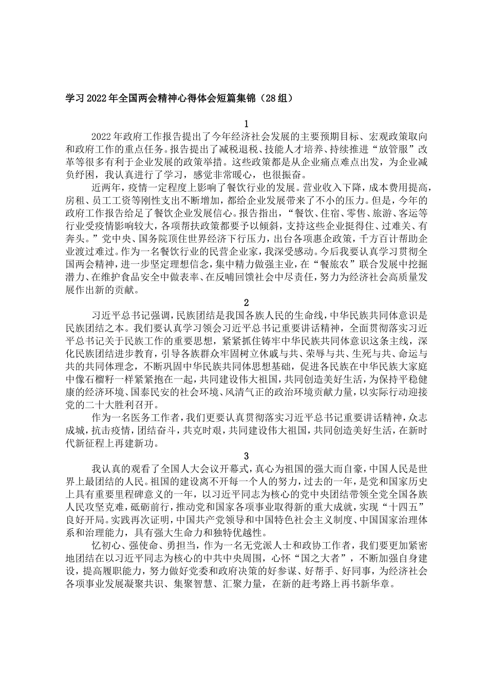 学习2022年全国两会精神心得体会短篇集锦（28组）_第1页