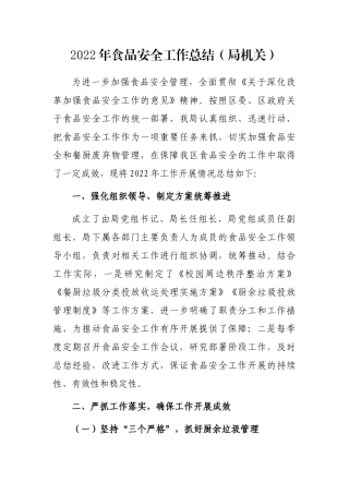2022年食品安全工作总结（局机关）
