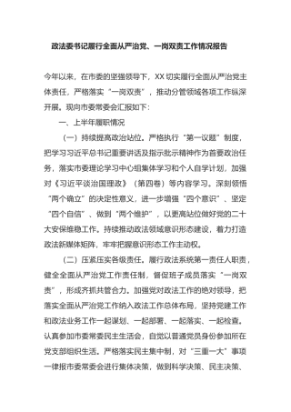 政法委书记履行全面从严治党、一岗双责工作情况报告