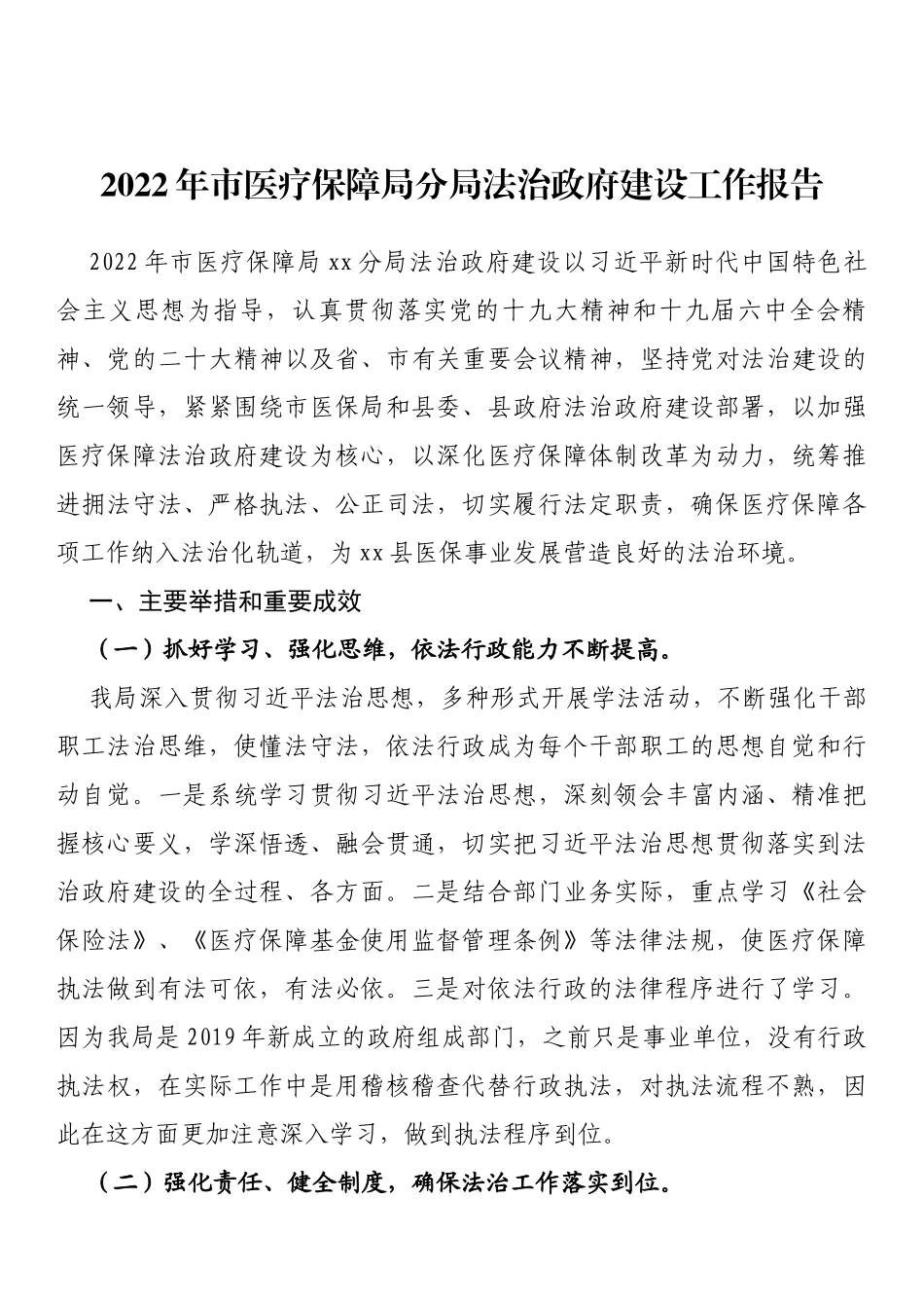 2022年市医疗保障局分局法治政府建设工作报告_第1页