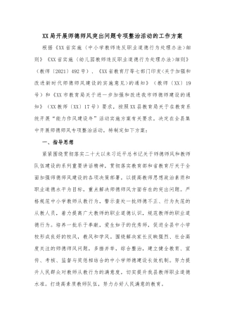 XX局开展师德师风突出问题专项整治活动的工作方案