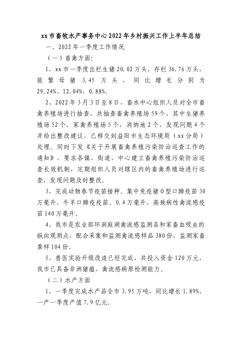 xx市畜牧水产事务中心2022年乡村振兴工作上半年总结_第1页