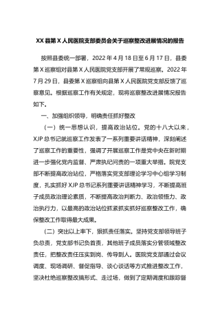 XX县第X人民医院支部委员会关于巡察整改进展情况的报告