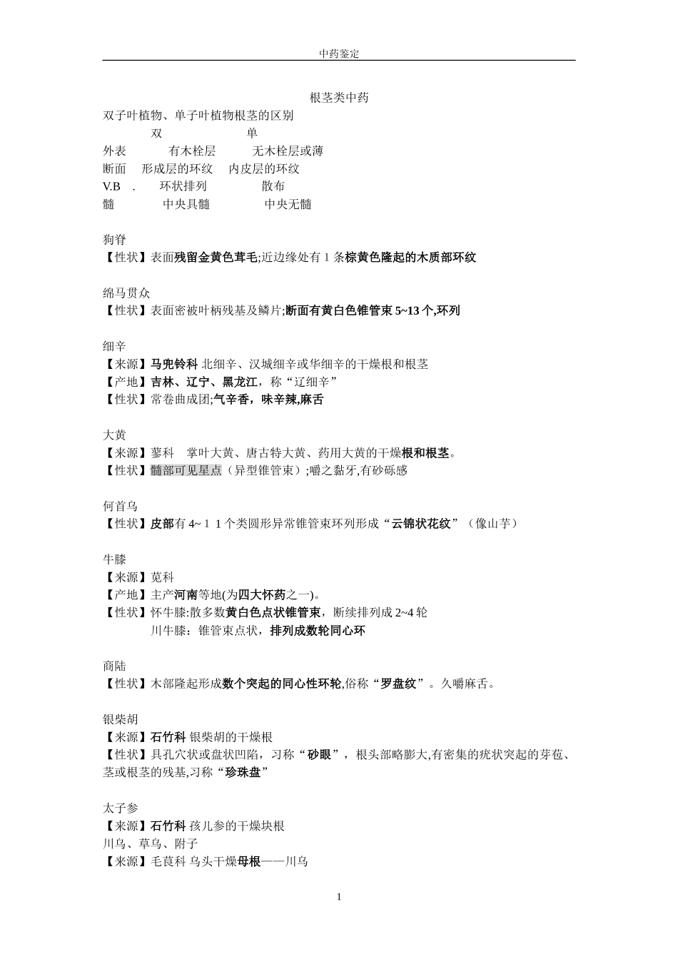 2024年中药鉴定学笔记考试重点_第1页