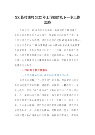 XX县司法局2022年工作总结及下一步工作思路