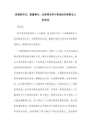 党委副书记、副董事长、总经理在学习贯彻动员部署会上的讲话