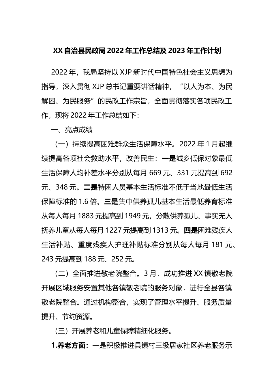 XX自治县民政局2022年工作总结及2023年工作计划_第1页