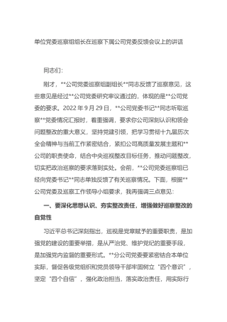 X单位党委巡察组组长在巡察下属公司党委反馈会议上的讲话