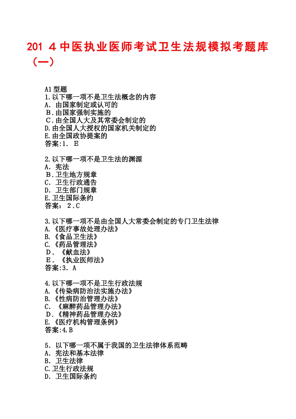2024年中医执业医师考试卫生法规模拟考题库_第1页