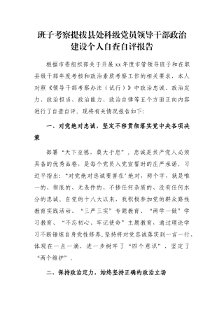 班子考察提拔县处科级党员领导干部政治建设个人自查自评报告