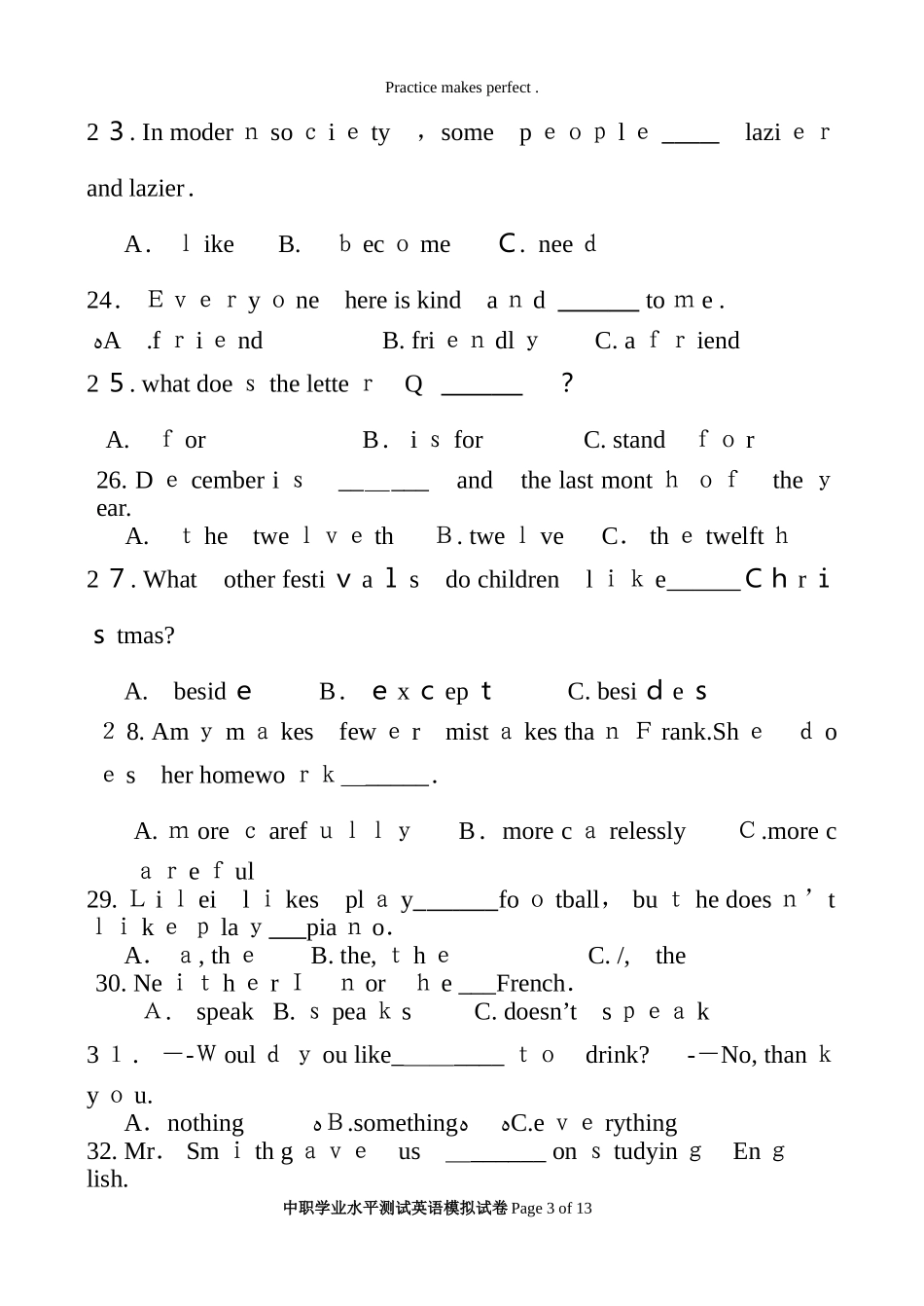 2024年中职学业水平测试英语模拟试卷_第3页