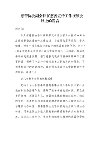 慈善协会副会长在慈善宣传工作视频会议上的发言 