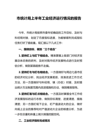 市统计局上半年工业经济运行情况的报告