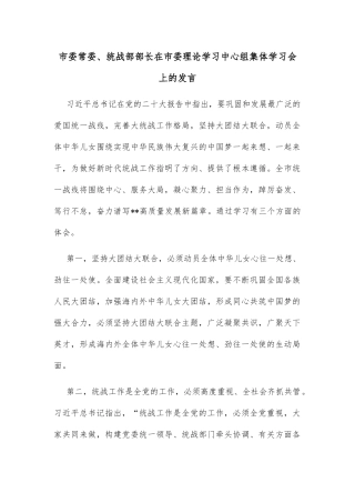 市委常委、统战部部长在市委理论学习中心组集体学习会上的发言