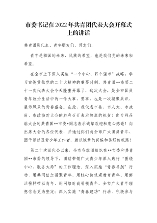 市委书记在2022年共青团代表大会开幕式上的讲话