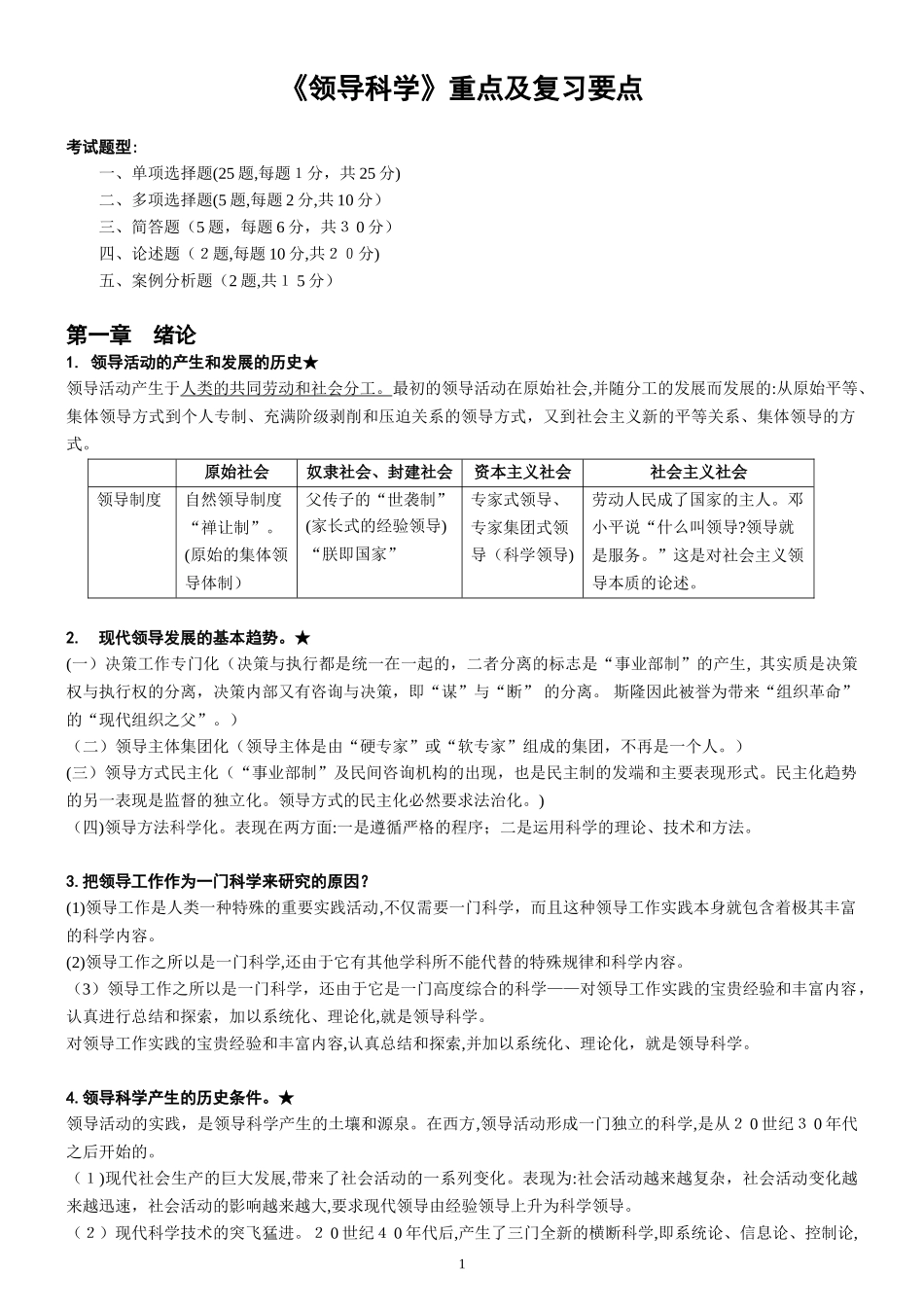 2024年自考领导科学重点及复习要点_第1页