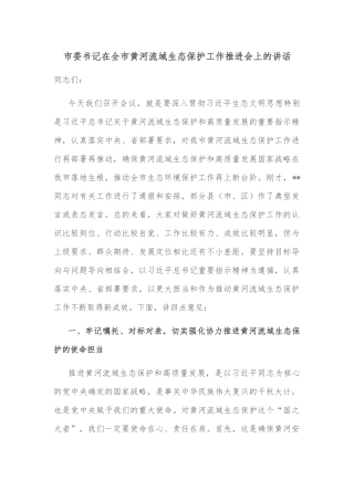市委书记在全市黄河流域生态保护工作推进会上的讲话