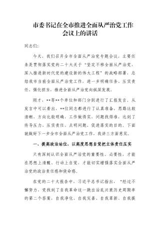 市委书记在全市推进全面从严治党工作会议上的讲话