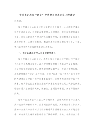 市委书记在市“两会”中共党员代表会议上的讲话