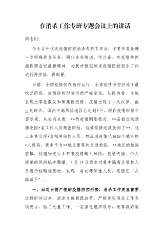 在消杀工作专班专题会议上的讲话