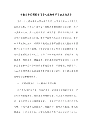 市长在市委理论学习中心组集体学习会上的发言