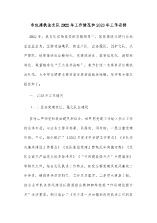 市住建执法支队2022年工作情况和2023年工作安排
