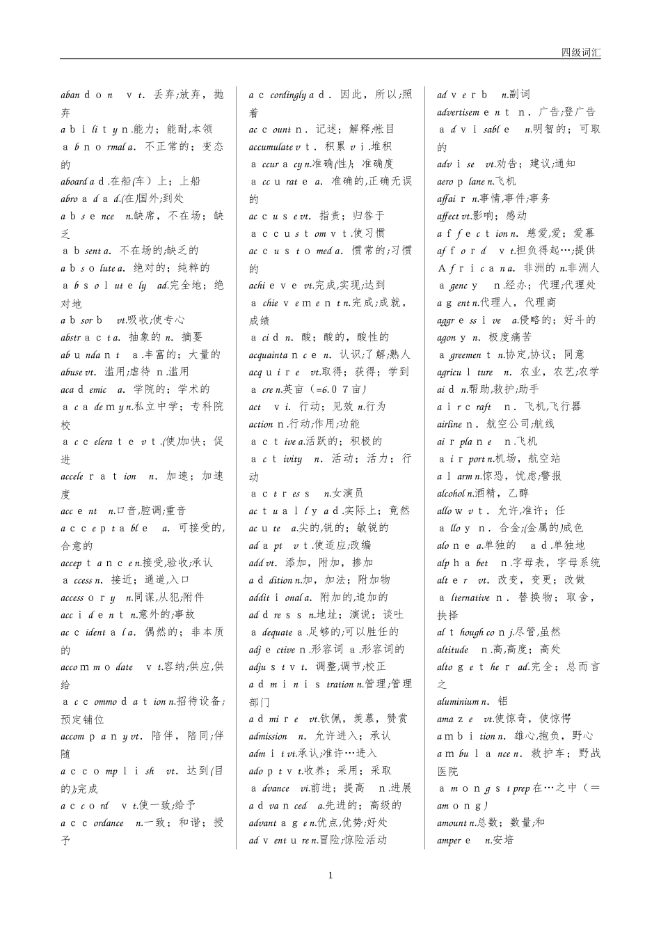 2024年最新大学英语四级CET4顺序词汇表_第1页