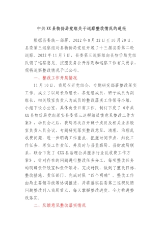 中共XX县物价局党组关于巡察整改情况的通报