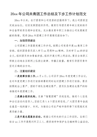 20xx年公司共青团工作总结及下步工作计划
