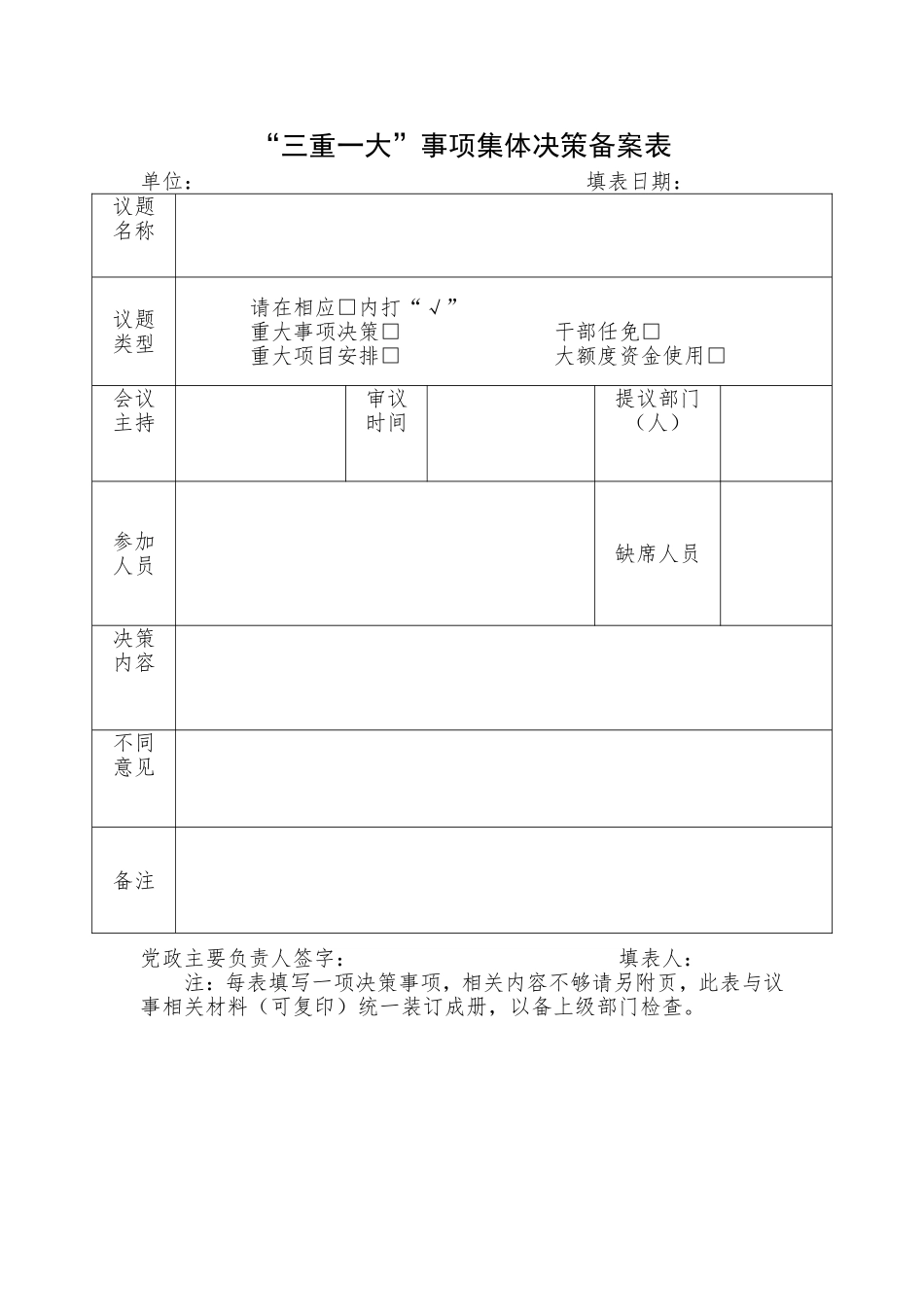 “三重一大”事项集体决策备案表_第1页