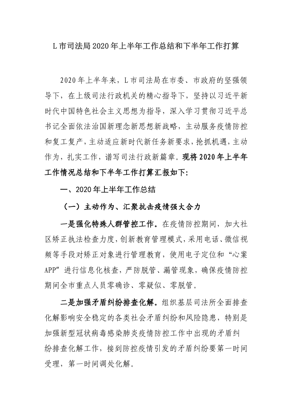 【总结计划】L市司法局2020年上半年工作总结和下半年工作打算_第1页