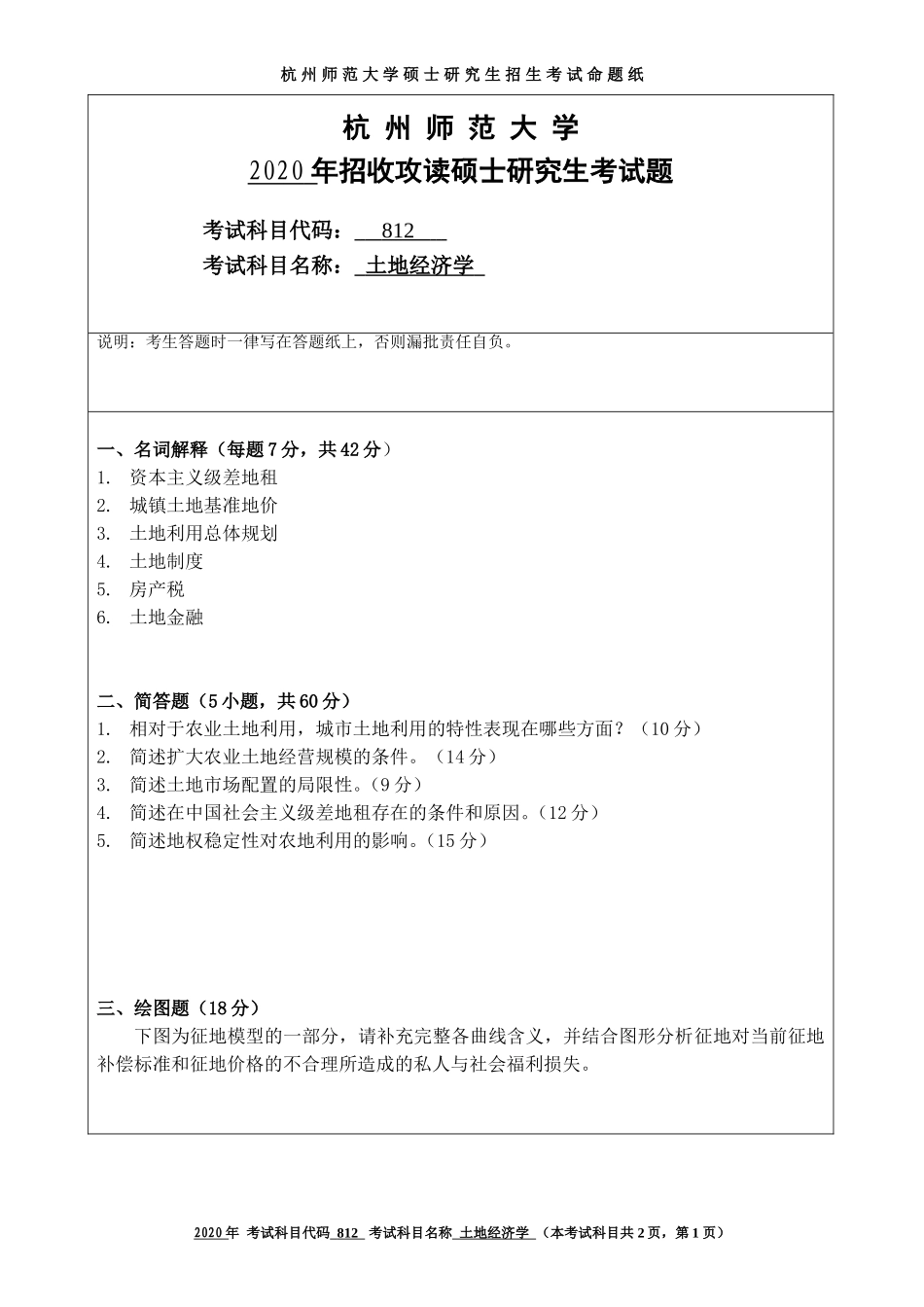 2020 年招收攻读硕士研究生考试题土地经济学_第1页