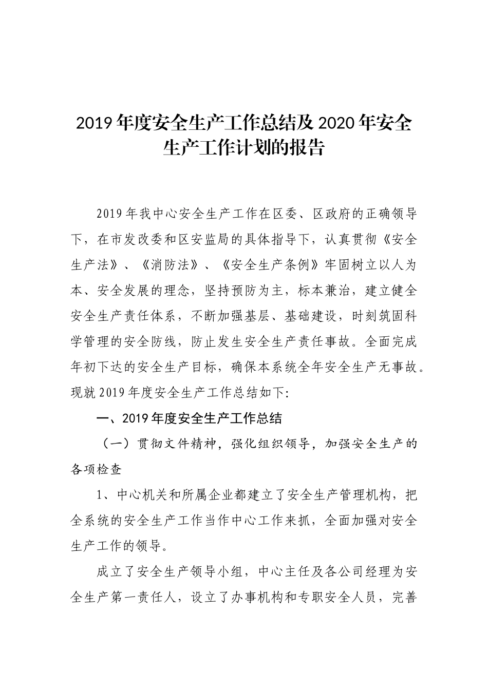 2019年度安全生产工作总结及2020年安全生产工作计划的报告_第1页